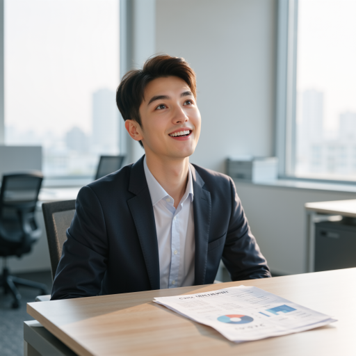 二十多岁年轻男性学员，穿职业装，自信微笑，明亮背景